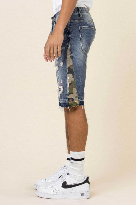 MULTI CAMO PANELED  RELEASED HEM DENIM SHORTS