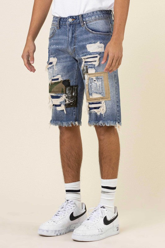 CAMO&TWILL PATCHED RIP&REPAIRED DENIM SHORTS