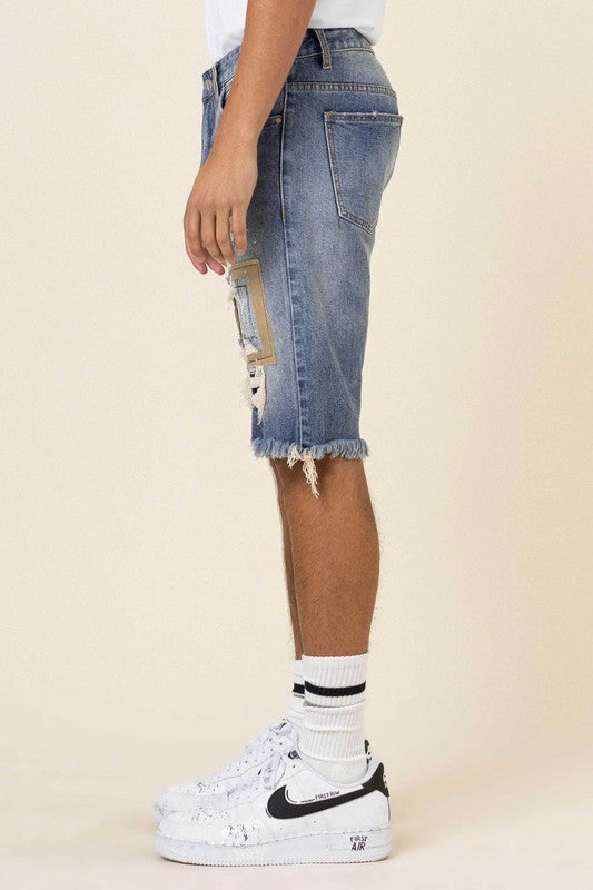 CAMO&TWILL PATCHED RIP&REPAIRED DENIM SHORTS