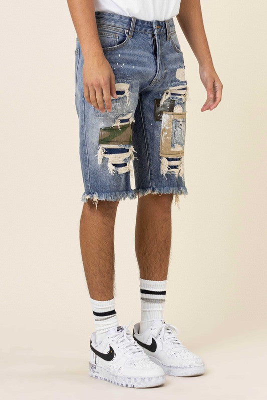 CAMO&TWILL PATCHED RIP&REPAIRED DENIM SHORTS