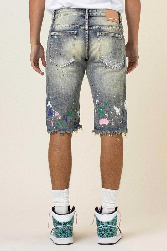 HAND PAINT & LOGO PRINT  RIP&REPAIR DENIM SHORTS