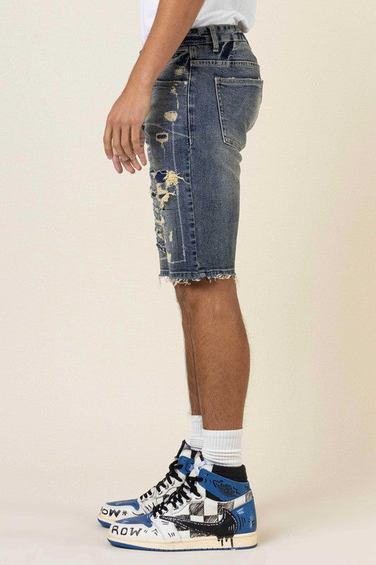 BORO STITCH HEAVY RIP&REPAIR DENIM SHORTS