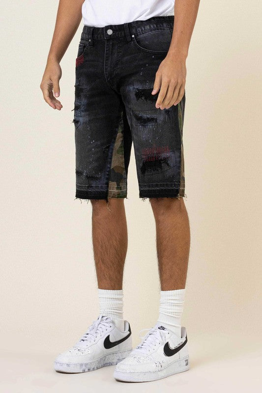 MULTI CAMO PANELED  RELEASED HEM DENIM SHORTS